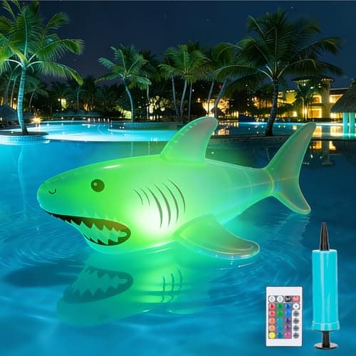 40inch Solar Pool Floats Lights, IP68 Waterproof Solar Powered Shark Floating Pool Lights,16 Colors RGB Inflatable Light Up Pool Float for Above Ground Pools, Outdoor Swimming Pool Decorations - Image 1