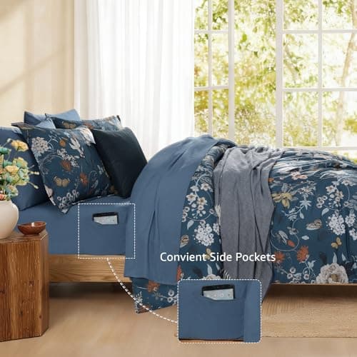 CASAAGUSTO Queen Comforter Set - 7 Pieces Blue Floral Bedding Sets, Queen Bed in a Bag with Botanical Butterfly Comforter, Sheets, Pillowcases & Shams for All Seasons - Thumbnail 4