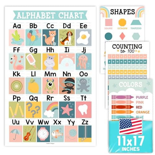 ABC Posters for Classroom Wall Decor - Learning Posters for Toddlers 1-3, Alphabet Poster for Toddlers, ABC Chart for Wall, 1-100 Number Chart Colors and Shapes, Boho Laminated Educational Poster