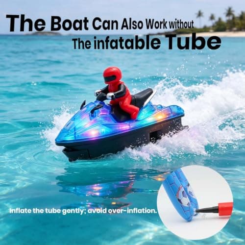 BuxxyBud Remote Control Boat for Pool with Inflatable Bumper Rechargeable Battery 700mah，Light Up & Water Spray RC Boat for Kids 8-12 Years Summer Water Toy Blue - Thumbnail 5