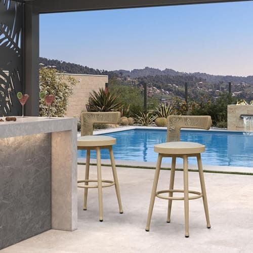 PURPLE LEAF Outdoor Swivel Bar Height Stools Set of 2 Metal Modern Wicker Bar Chairs with Back Aluminum Woven Barstools with Cushions for Kitchen Balcony Garden Indoor White Oak