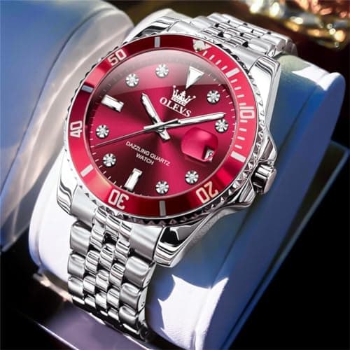 OLEVS Watch Men,Red Watches for Men,Silver Men's Watch Red Face,Mens Dress Watchs,Stainless Steel Watches for Man with Date,Style Surprise Gift for Him,Waterproof Male Wristwatch,Relojes para Hombres - Thumbnail 2