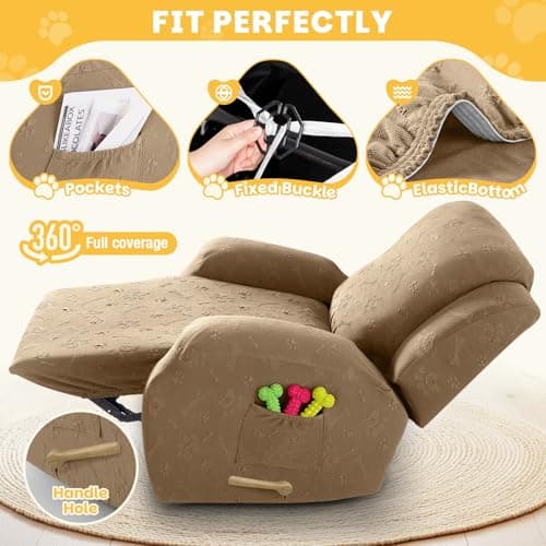 Ruaozz Recliner Chair Covers, 4-Pieces Recliner Cover Stretch Paw Bone Prints Reclining Chair Slipcovers Soft Furniture Protector with Pockets for Lazy Boy Recliner (1 Seat, Light Coffee) - Thumbnail 4