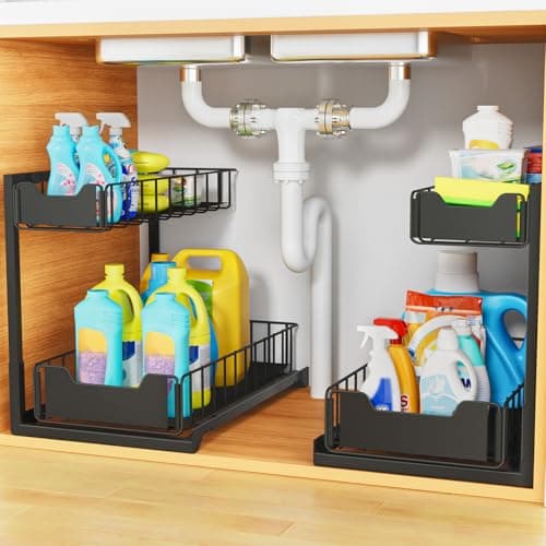 HAIREALM 2 Pack Under Sink Organizer, Under Sink Organizers and Storage, Smooth & Silent Sliding Out Metal Drawer for Kitchen Bathroom Pantry Cabinet Closet Black（L-2PC）