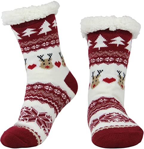 BenSorts Womens Christmas Slipper Socks with grippers Winter Warm House Indoor Fleece Lining Fuzzy Soft Sherpa House Cozy Socks Holiday Gift Red - Image 1