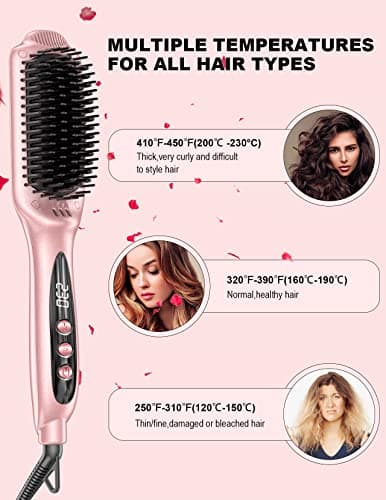 LANDOT Ionic Hair Straightener Brush – Ceramic Straightening Brush with 12 Heat Settings (250-450°F) for Smooth & Shiny Results, Ideal for Medium & Long Women Hair, Dual Voltage, Rose Gold - Thumbnail 4