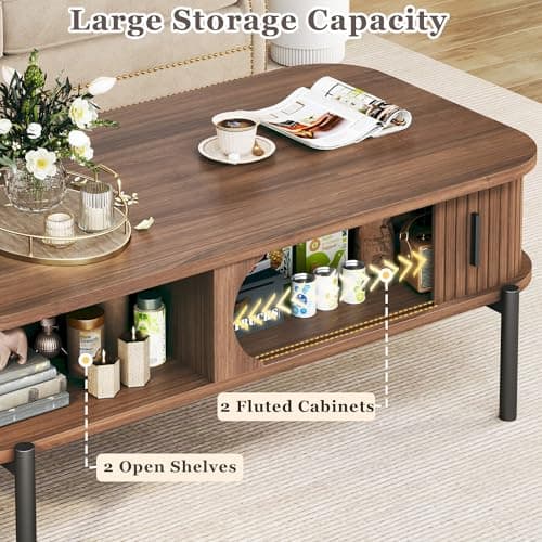 Coffee Table, 39.4" Mid Century Modern Coffee Tables for Living Room, Coffee Table with Storage Open Shelf, Fluted Table with Sliding Cabinet Door, 2-Tier Rustic Wood Desktop, Walnut - Thumbnail 4