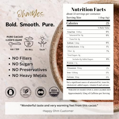 OhmYes Lions Mane Mushroom Cacao | Raw Organic Natural Chocolate Powder Drink Mix | Plant-Based Energy and Cognitive Support | Sugar-Free Flavanol Superfood | 33 Servings - Thumbnail 5