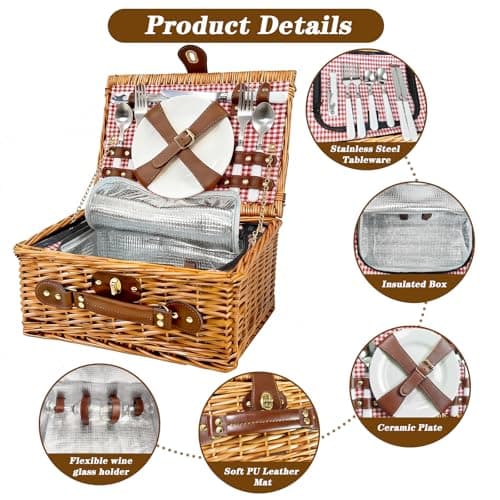 Picnic Basket for 2 - Picnic Basket with Cutlery Kit and Glasses, Insulated Picnic Set with Waterproof Liner, Portable Wicker Picnic Baskets with Lid and Handle for Outdoor, Picnic, Camping, Holidays - Thumbnail 4