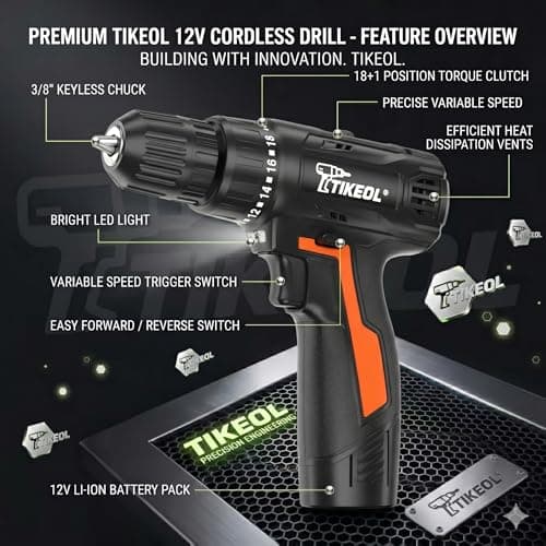 Tikeol 12V Cordless Drill Set, Lightweight Power Drill Driver with 3/8" Keyless Chuck, 2 Variable Speed Settings, 18+1 Position, Built-in LED Light, Mini drill for Home DIY, Furniture Assembly - Thumbnail 2