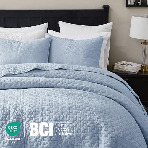 palassio Baby Blue 100% Cotton Quilt California Cal King Size Bedding Sets with 2 Pillow Shams, Textured Oversized Lightweight Bedspread Shabby Chic Coverlet, Soft Bed Cover for All Season, 3 Pieces - Thumbnail 3