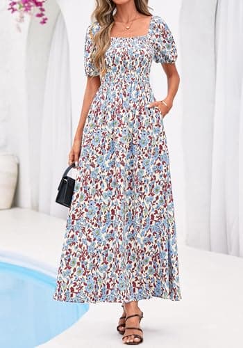 BTFBM Spring Summer Dresses for Women 2026 Puff Short Sleeve Smocked Floral Print Boho Beach Wedding Guest Maxi Dress(Floral Beige Multi, Medium) - Thumbnail 5