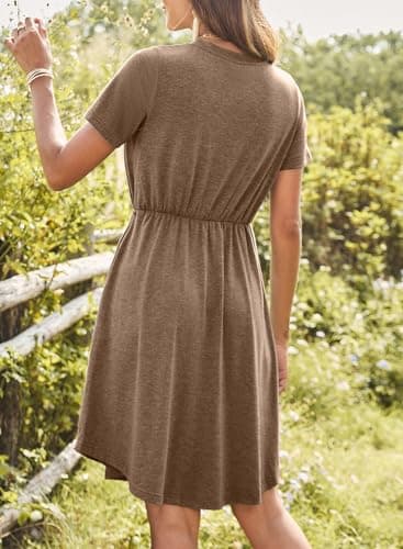 Dokotoo Womens Spring Dresses for Women 2026 Drawstring Waist Cute Babydoll Tunic Dress Casual Holiday Outfits Short Sleeve V Neck Mini Dress Flowy Shift Dresses Plus Size Khaki Dresses for Women S - Thumbnail 2