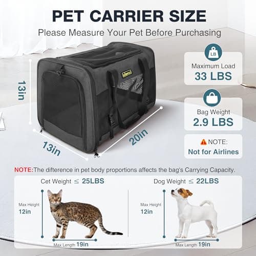 Small Dog Carrier for Puppies, Rabbits, Cat Carrier Soft, Foldable Travel Bag, Fits Pets up to 25lbs, Car Seat Belt Compatible, Ideal for Car Road Trips, Anti-Scratch Mesh, 20x13x13 in, Black - Thumbnail 3