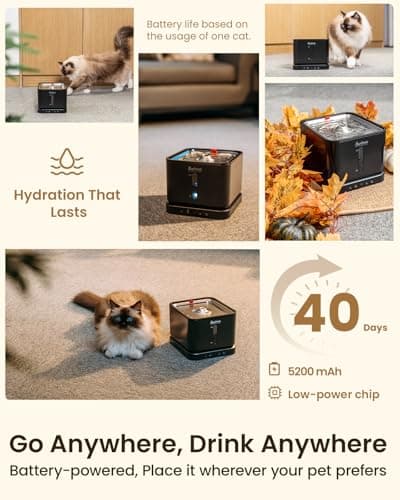 Pawccoli Cordless Cat Water Fountain, 3L/100oz Stainless Steel Tray, Cat Fountains for Drinking, Pet Water Fountains Indoor, Automatic Dog Water Bowl Dispenser, Rechargeable Battery Operated Black - Thumbnail 3