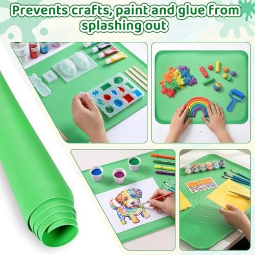 Extra Large Silicone Painting Mat for Crafts, 24”x 19” Waterproof Art Mat for Kids with Raised Sides, Crafts Mat for Paint, Clay Playdough, & Jewelry-Making, Green - Thumbnail 3