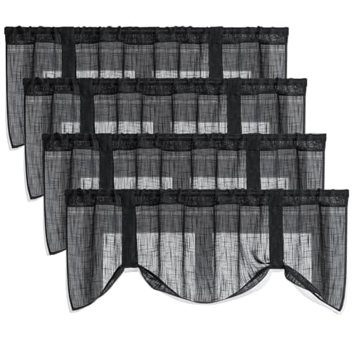 Home Queen Linen Look Tie Up Valance Curtain, Burlap Valences for Home Decoration, Length Adjustable Sheer Drape for Office and Bedroom, 4 Pieces, Black - Image 1