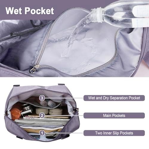 WOOMADA Foldable Travel Duffel - Women's Weekender & Gym Bag, Expandable Space, Airplane Carry-On, Wet Pocket & Trolley Sleeve, Lightweight (Lilac) - Thumbnail 4