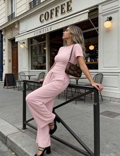Flevita Womens 2 Pcs Sets Summer Travel Outfits T-shirts and 31" Wide Leg Pants Comfortable Airport Lounge Wear Set with Pockets Pink M - Thumbnail 5