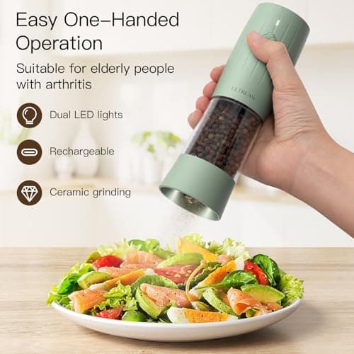 Ultrean Salt and Pepper Grinder Set, Rechargeable Automatic Pepper Mill Shakers, 6 Adjustable Coarseness, LED Light, Kitchen Gadget, Christmas Gifts, Black & White - Thumbnail 2