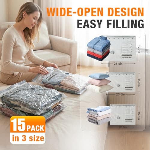 Space Saver Vacuum Storage Bags with Portable Electric Pump, Vacuum Seal Bags for Clothing Travel, Compression Bags for Travel & Home, Clothes, Blankets, Seasonal Storage, 15 Combo (5L/5M/5S) - Thumbnail 4