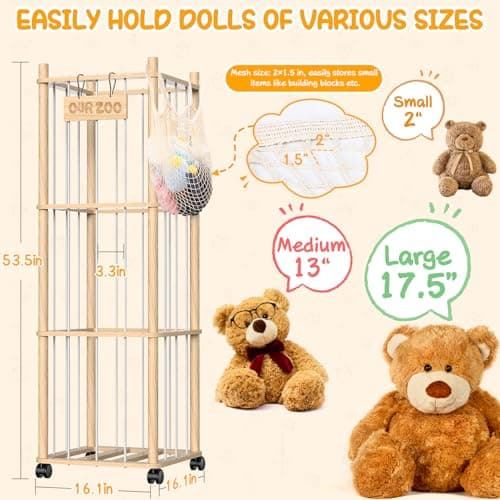 Stuffed Animal Storage Organizer, Wooden Plushies Toy Zoo Holder with Wheels, Large Capacity Storage Tower for Toys, Mobile Toy Holder Cage for Kids Playroom, Nursery, Toddler Room, 3 Tier, Natural - Thumbnail 2