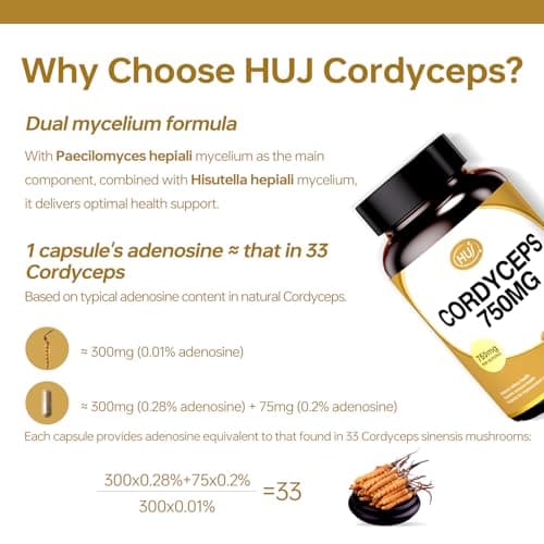 HUJ Cordyceps Mushroom Capsules - Cordyceps Supplement with Dual Mycelium - Kidney Health, Immune Health & Energy Support - 60 Capsules - Thumbnail 4