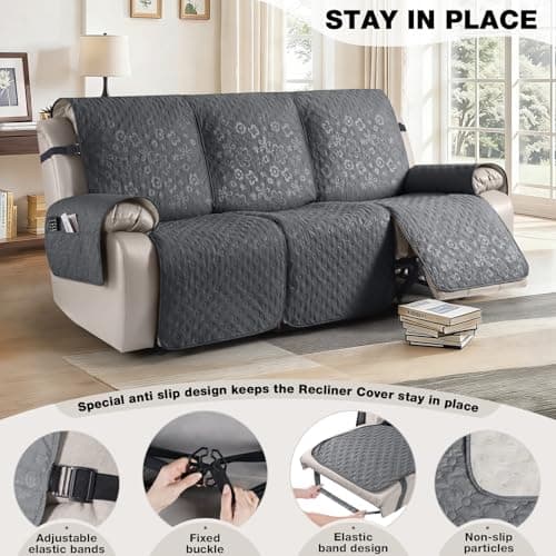 VANSOFY 100% Waterproof Recliner Sofa Covers, Couch Covers with Non-Slip Granule, 3-Piece Washable Reclining Sofa Cover with Pocket Furniture Protector for Kids, Pets（Dark Gray,3 Seater） - Thumbnail 3
