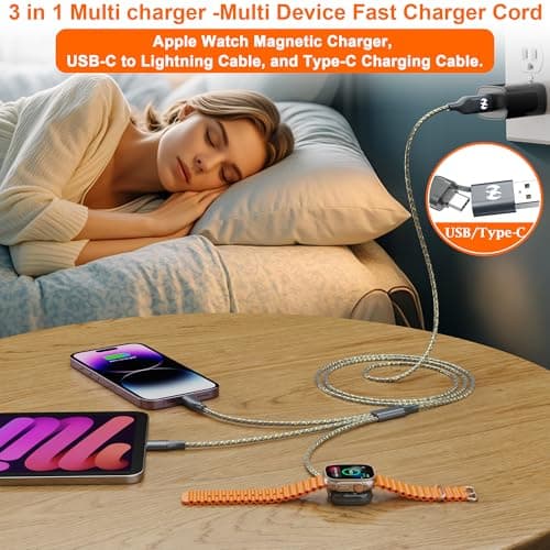 Multi Charging Cable for Apple Watch Charger 6FT, iPhone Charger USB A/C Multi Fast 3 in 1 Charging Cable for iWatch Ultra/SE/10-1 & iPhone16-5/Pro/Plus/iPad/iPod/Airpod - Thumbnail 4