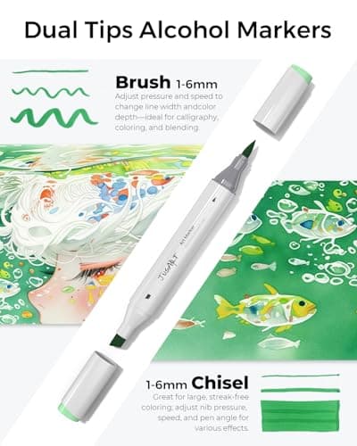 JusArt Alcohol Brush Markers, 72 Colors Dual Tip Art Markers with Brush & Chisel, Alcohol Based Marker Set for Adult Coloring Books, Drawing, Illustration, Sketching, No Bleed Ink Art Supplies - Thumbnail 2