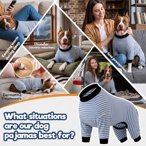 LovinPet Giant Dogs PJS Apparel, Blue and Yellow Stripe Dog Shirt, 4-Legged Design, Full Body Coverage, Large Breed Dog PJS, Pajamas for Pitbulls, Onesies for Dogs,XL - Thumbnail 4