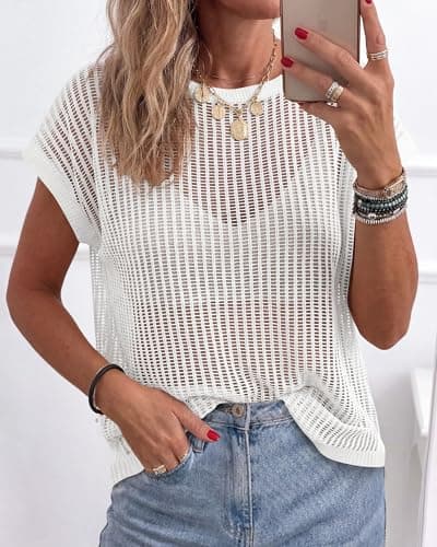 KIRUNDO Crochet Tops for Women 2026 Summer Beach Vacation Clothes Cover Up Mesh Top Lightweight Sweater Cruise Resort Wear(White, XX-Large) - Thumbnail 2