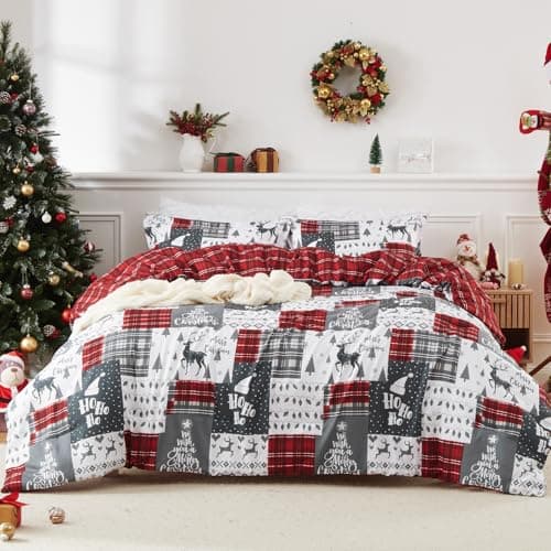 CAROMIO Christmas Comforter Set King Size, Reversible Printed 3 Pieces Bed Set Holiday Decorative Bedding, Soft Microfiber Fabric, 1 Comforter and 2 Pillow Shams (‌Christmas Plaid, King) - Thumbnail 3
