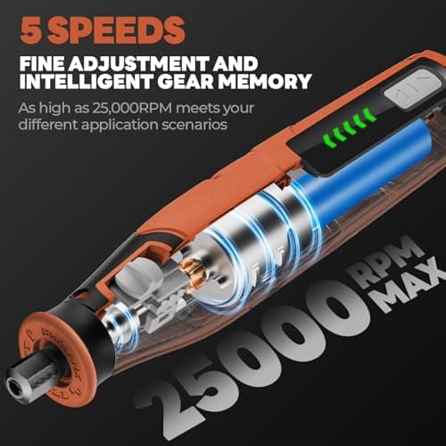 PHALANX Cordless Rotary Tool Kit with 64 pcs Accessories, 2500mAh 4V Li-ion Battery, Type-C Fast Charging, 5 Speed 25000RPM Electric Grinder for Polishing, Engraving, Sanding, DIY Crafts (R4-Basic) - Thumbnail 3