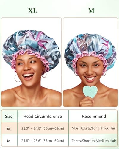 mikimini Large Shower Cap for Women Reusable Waterproof, Hair Cap for Shower with Double Layers, Tropic Style Hair Cover with Elastic Band for Shower suit for Long Hair, Braids - Thumbnail 2