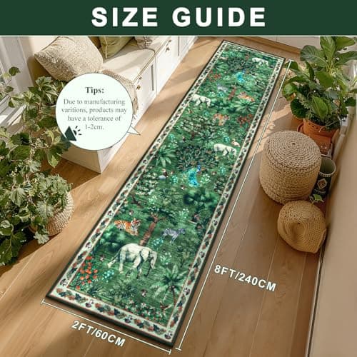 Yamaziot Hallway Runner Rug 2x8 – Jungle Animal Print Linen Rug with Non Slip Backing, Low Pile Washable Distressed Boho Carpet for Indoor Outdoor Rug, Kitchen, Bedroom, Entrance, Forest Green - Thumbnail 2