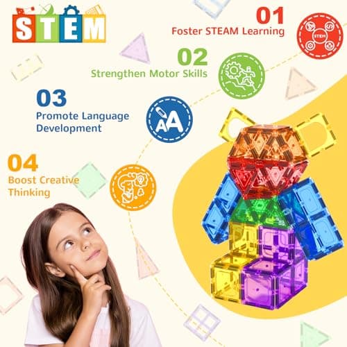Coodoo 60 PCS Magnetic Building Tiles Kids Toys STEM Magnetic Blocks Sensory Toys Kids Games Magnet Building Toy for Boys and Girls Aged 3+, Kid Brain Development Preschool Kindergarten Toddler Toy - Thumbnail 2