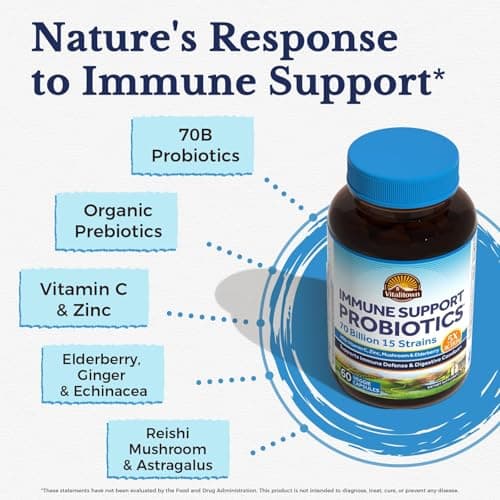 Vitalitown Probiotics 70 Billion CFU, Immune Support Probiotics Supplement, 15 Clinical-Strength Strains, with Vitamin C, Zinc, Elderberry & Echinacea, Digestive Health, 60 Vegan Capsules, Non-GMO - Thumbnail 4