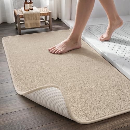 MontVoo Quick Dry Bath Mat, Super Absorbent Bathroom Rug, 3D Honeycomb Mesh Base Non Slip Bath Mats for Bathroom, Machine Washable Low Pile Bath Rug for Bathtub Front, Shower, Sink, Beige 17"x24"