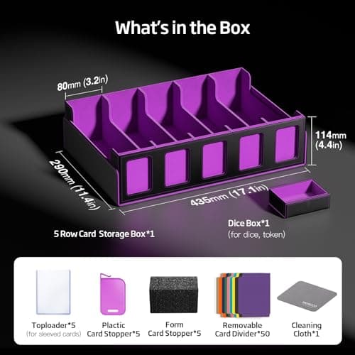 MORCCO Trading Card Storage Box 5-Row 3900+ Capacity,TCG MTG Card Case with Magnetic Lid & Commander Display,Top Loader Storage for Sports Cards,Includes Dividers Dice Box（Black Purple） - Thumbnail 2