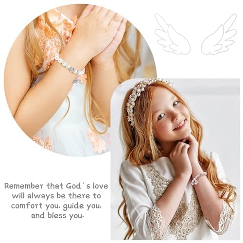 BAYLAY First Communion Gifts for Girls Catholic - First Communion Bracelet for Girls, Angel Wings Heart Initial Y Pearl Bracelet - Thumbnail 4