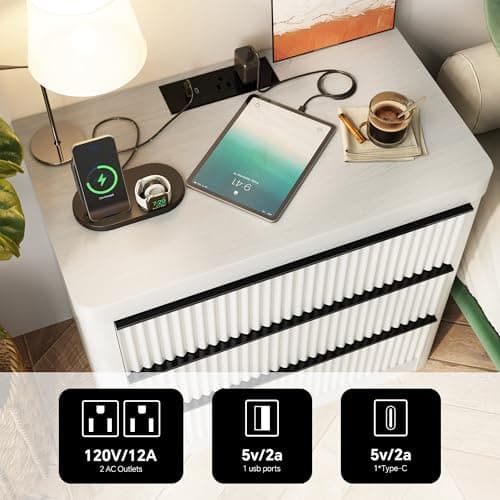 FUSUNBAO Fluted Night Stand with Charging Station,3 Drawers Large End Table with Storage,Natural Nightstand Wood Bedside Tables,Farmhouse Cabinet Dresser for Bedroom,Sofa Table(White Oak) - Thumbnail 3