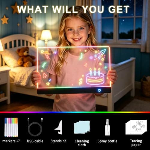 Led Drawing Board for Kids Doodle Board & Adults Message Board w 7 Dry Erase Markers Home Office Supplies and Back to School Supplies,6 Led Lights, Writing, Drawing Tablet & Tracing Paper - Thumbnail 2