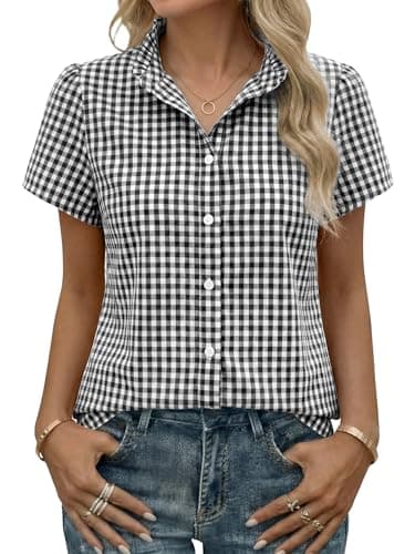 Funlingo Womens Plaid Button Down Shirts Short Sleeve Ruffle Collar Blouses Gingham Business Casual Work Tops 2026 Summer Office Clothes Black Plaid L - Image 1