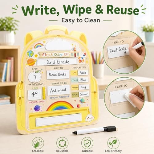 First Day of School Sign - My First and Last Day of School Board, Reusable Back to School Sign Supplies Wooden Dry Erase Board with Marker for Preschool, Pre-K, and Kindergarten (Pastel Yellow) - Thumbnail 5