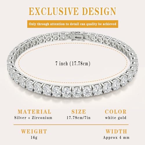 Moissanite Tennis Bracelet For Women,Platinum Plated Silver Bracelet,VVS1,Round Cut Moissanite Bracelet,Hypoallergenic,Bezel 7In,with Gift Box,Birthday Anniversary Jewelry for Wife, Mom and Her (7, Inches) - Thumbnail 3