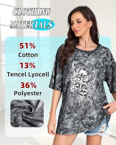 Women's Skull Wings Tee, Vintage Washed Gothic T-Shirt with Casual Crewneck Short Sleeve Top, Relaxed Fit Streetwear Shirt - Thumbnail 6