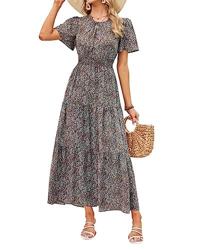 PRETTYGARDEN Women's Summer Casual Short Flutter Sleeve Round Neck Smocked Waist Tiered Boho Floral Flowy Maxi Dress(Floral Coffee,Medium) - Image 1