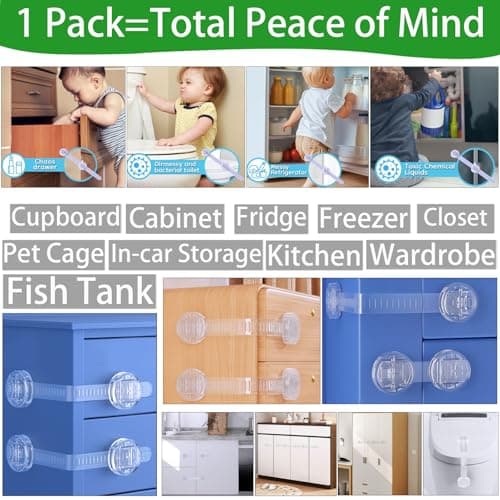 Bstsilver 6 Pack Adhesive Straps Locks Baby Proofing for Drawers Fridge Dishwasher Toilet Seat Cupboard Oven Freezer Trash Can, Cabinet Latches Adjustable for Toddlers Cats Dogs, No Drill, Transparent - Thumbnail 3
