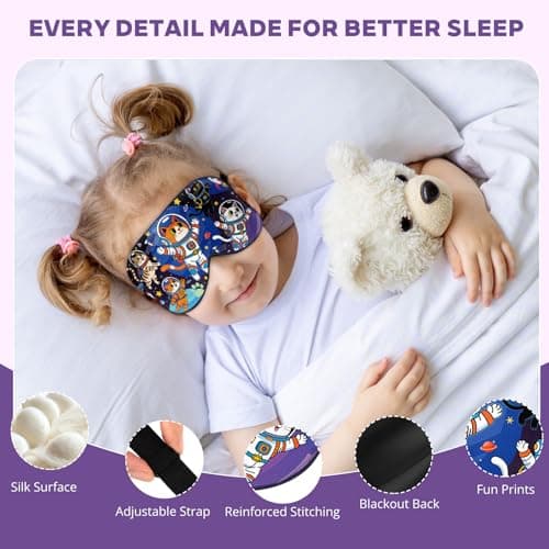 Kids Silk Sleep Mask: 100% Mulberry Silk Eye Mask with Adjustable Strap, Soft Blackout Boys Girls Sleeping Mask, Cute Printed Blindfold for Travel/School/Bed, Gift for Ages 5–15 (Space Cat Style) - Thumbnail 2